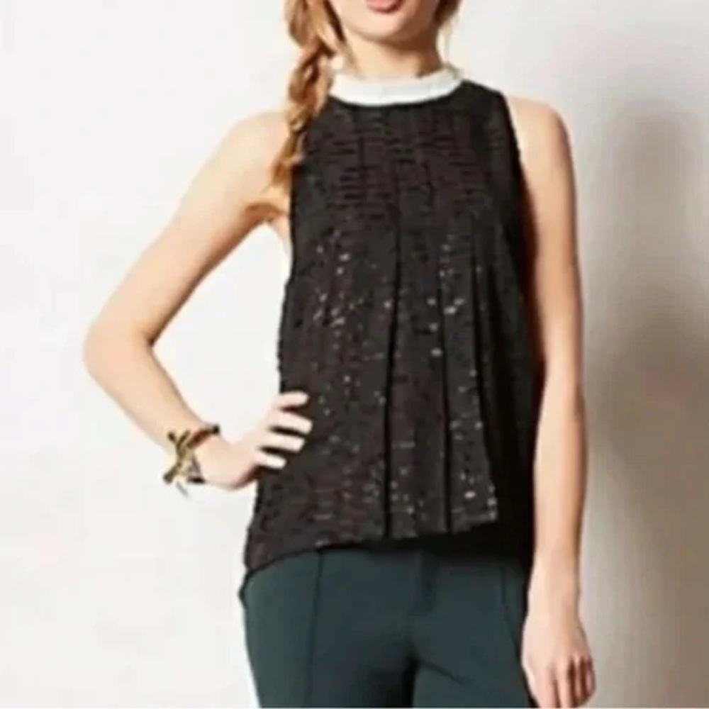 Sachin + Babi Black Textured Pleated Top Beaded Collar sz4 Anthropologie